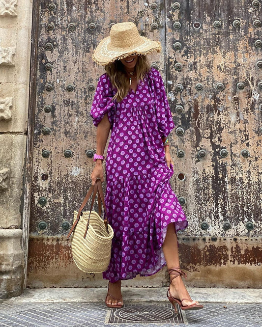 Vacation Style Puff Sleeve Tiered Midi Dress