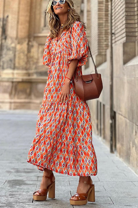 Vacation Style Puff Sleeve Tiered Midi Dress