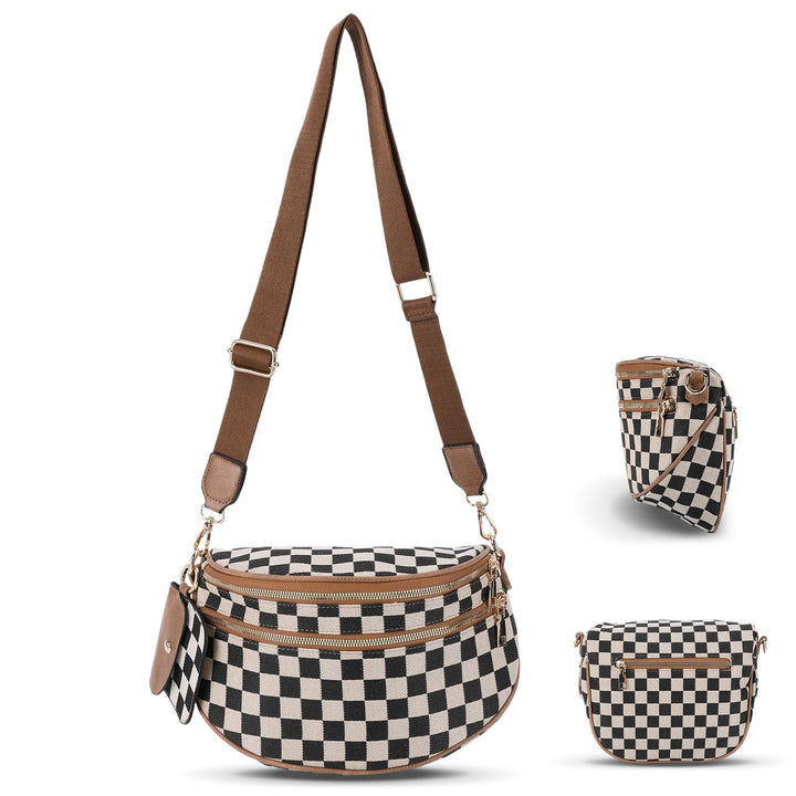 Ounamei Checkered Crossbody Bum Bag for Women Large Capacity Belt Bag for Moms & Everyday Travel