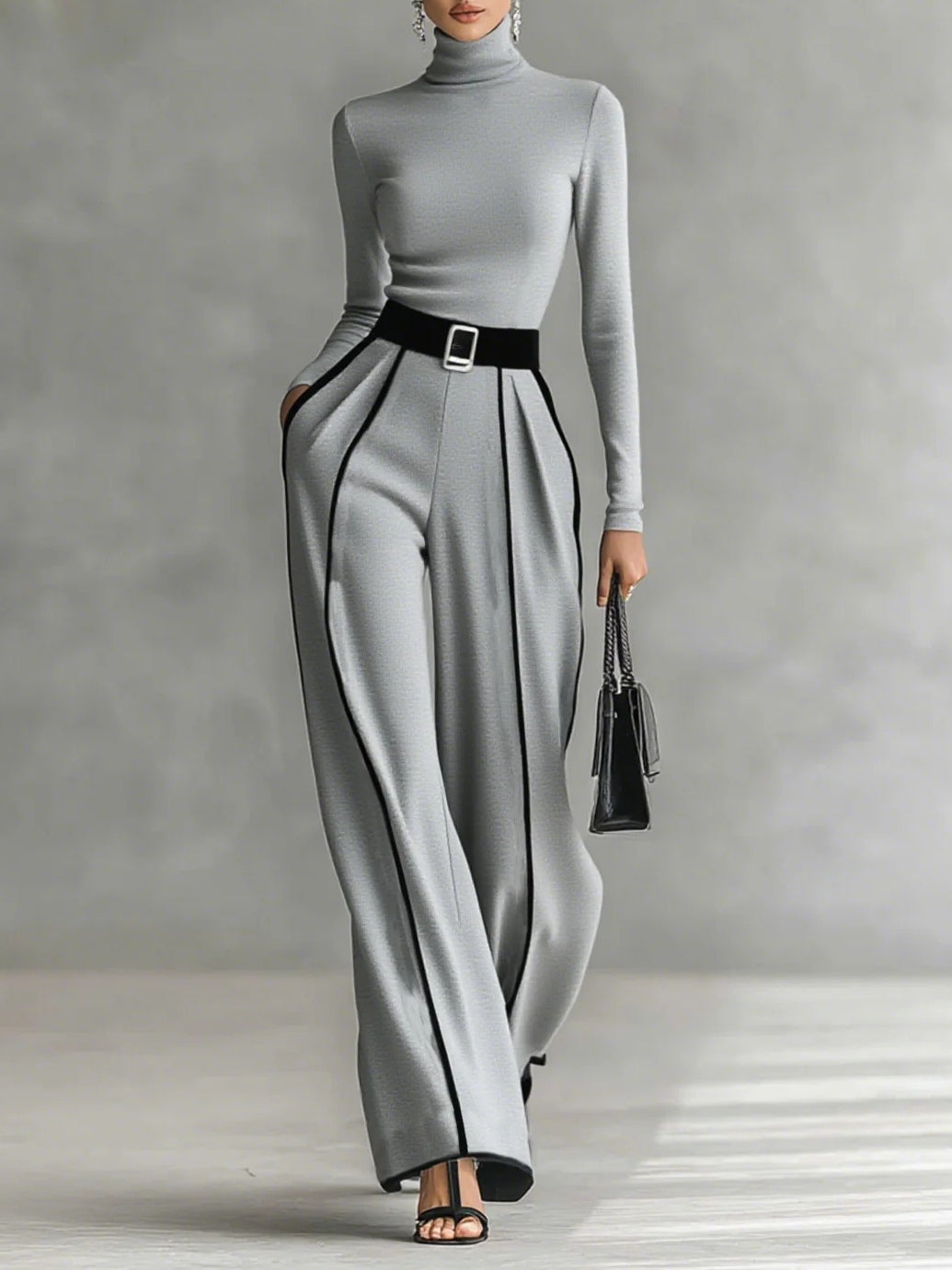 Aria - Sophisticated Contrast Trim High-Neck Wide-Leg Set