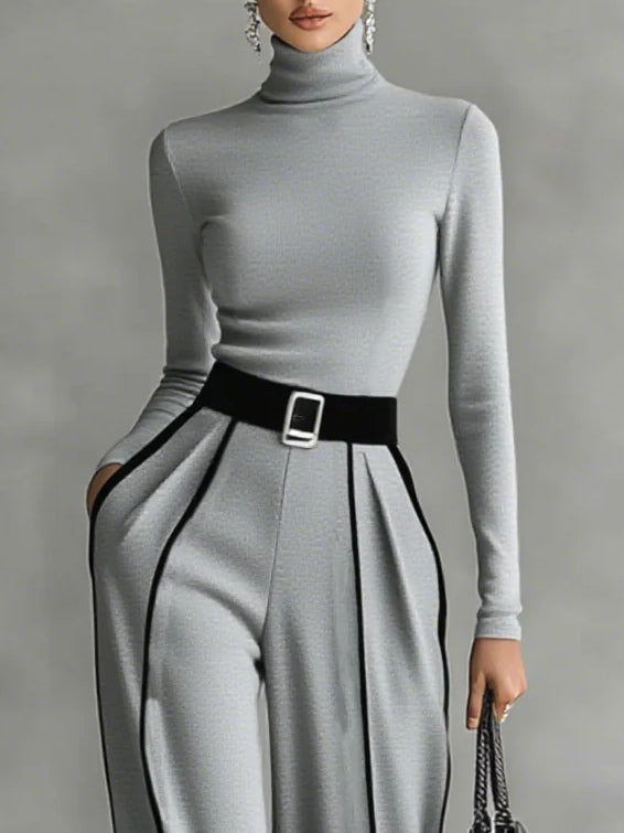 Aria - Sophisticated Contrast Trim High-Neck Wide-Leg Set