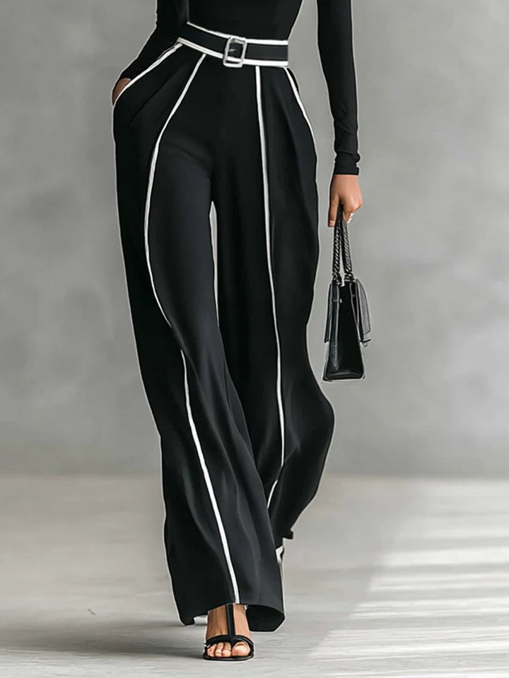 Aria - Sophisticated Contrast Trim High-Neck Wide-Leg Set