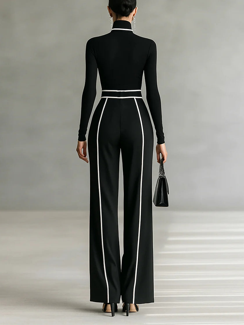 Aria - Sophisticated Contrast Trim High-Neck Wide-Leg Set