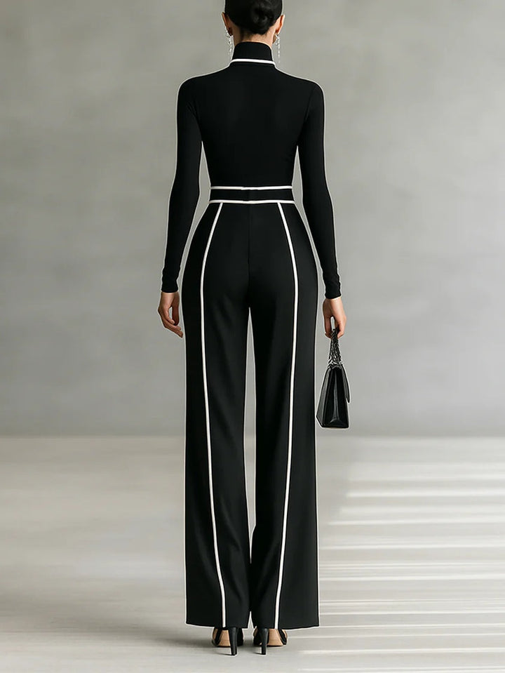 Aria - Sophisticated Contrast Trim High-Neck Wide-Leg Set