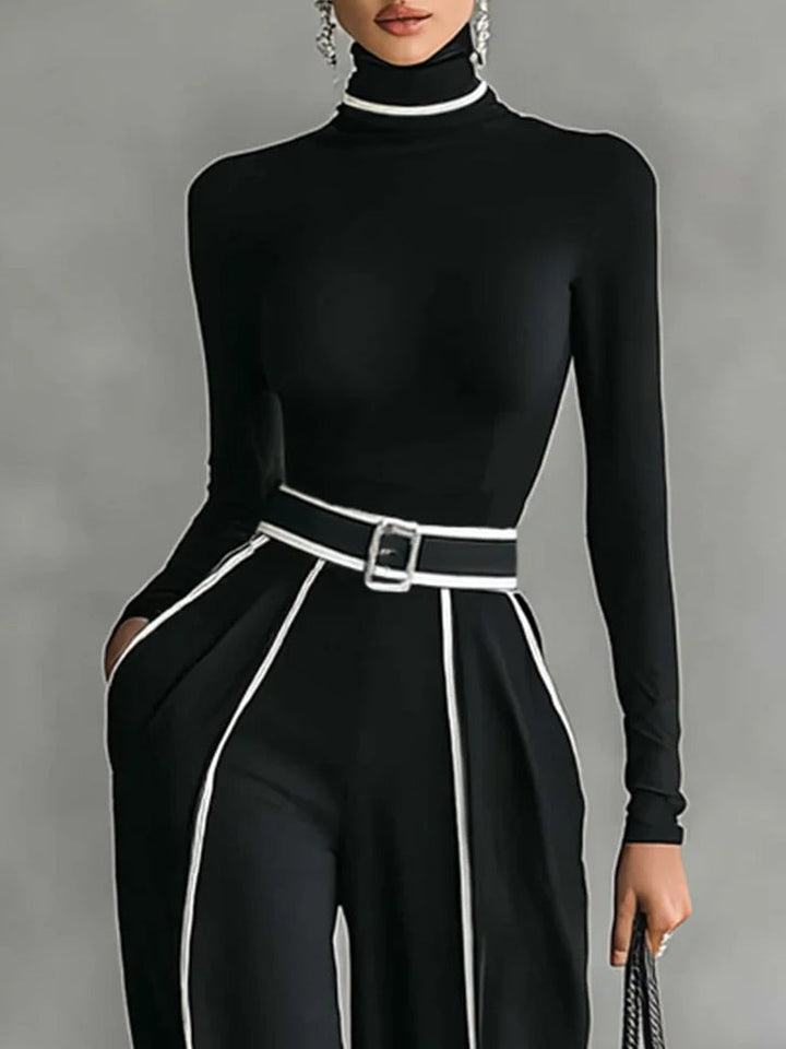 Aria - Sophisticated Contrast Trim High-Neck Wide-Leg Set