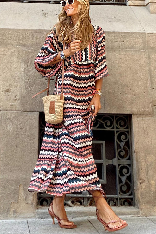 Vacation Style Puff Sleeve Tiered Midi Dress