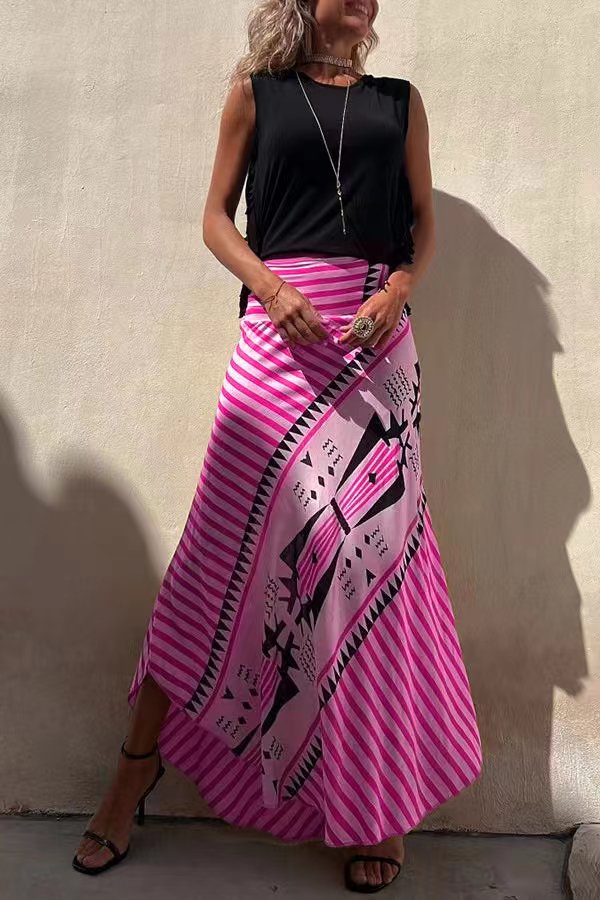 Eva - Radiant Geometric Satin Elastic Maxi Skirt