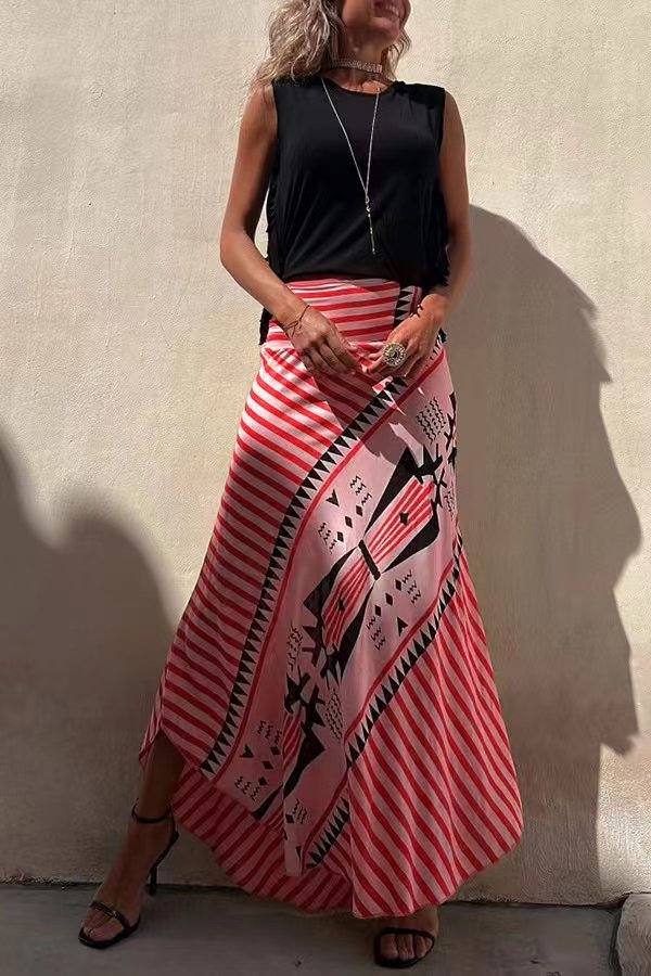 Eva - Radiant Geometric Satin Elastic Maxi Skirt