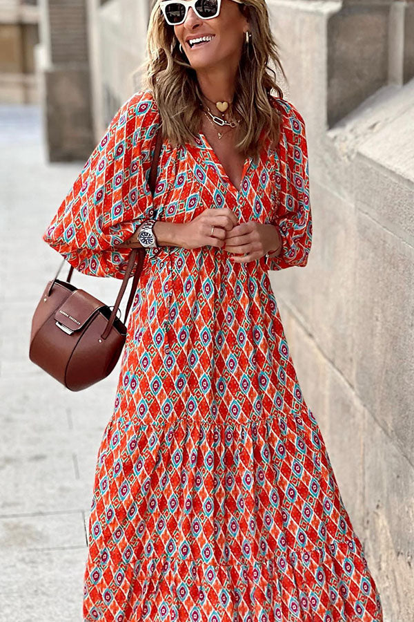Vacation Style Puff Sleeve Tiered Midi Dress