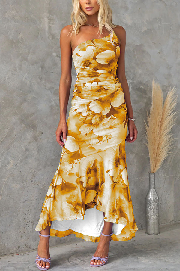 Floral One Shoulder Mesh Maxi Dress