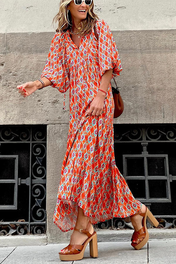 Vacation Style Puff Sleeve Tiered Midi Dress