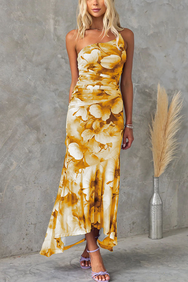 Floral One Shoulder Mesh Maxi Dress