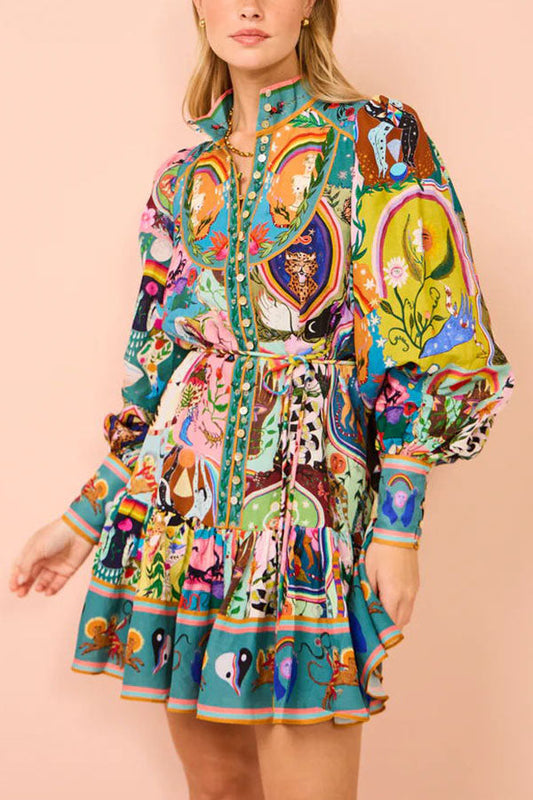 Artistic Abstract Print Balloon Sleeve Shirt Mini Dress