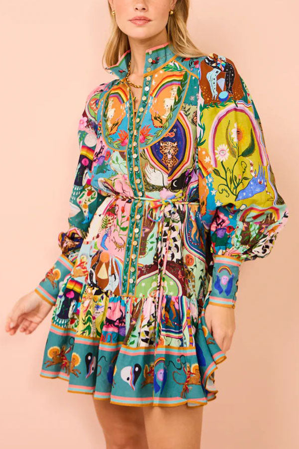 Artistic Abstract Print Balloon Sleeve Shirt Mini Dress